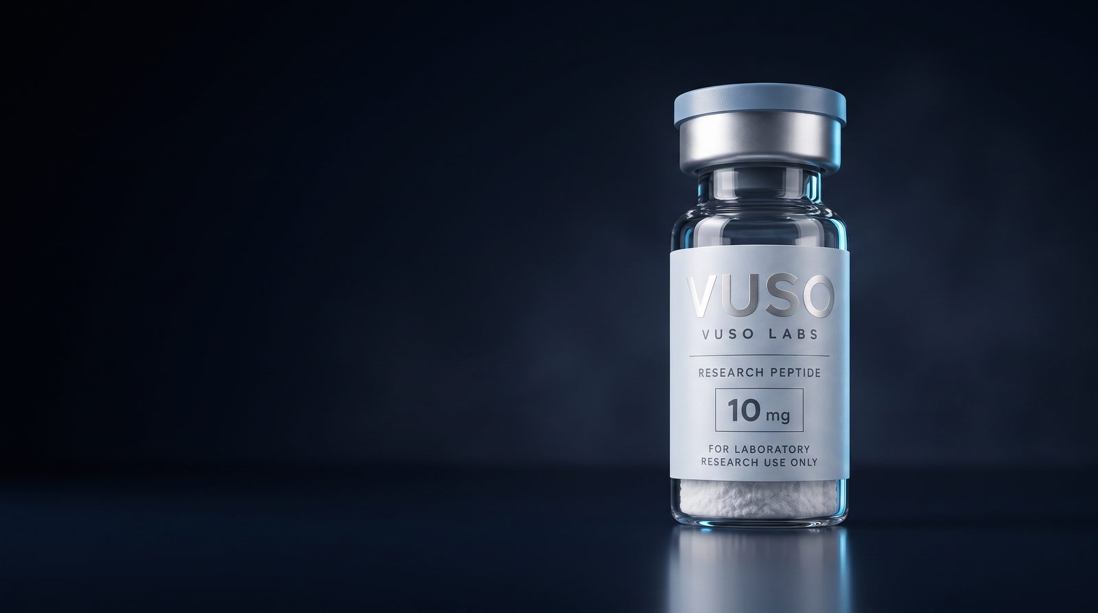 Dark editorial studio image of a VUSO Labs 10 mg research vial on a reflective surface, lit with a cool blue rim light.