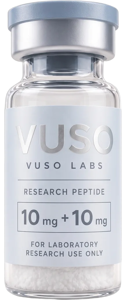 VUSO Labs 10 mg + 10 mg research vial: clear panel, white lyophilised powder, silver crimp, powder-blue cap.