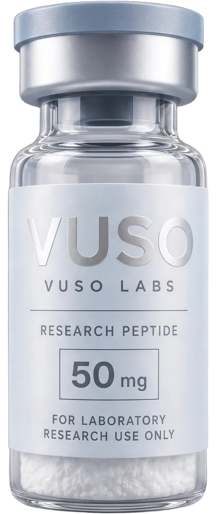 VUSO Labs 50 mg research vial: clear panel, white lyophilised powder, silver crimp, powder-blue cap.