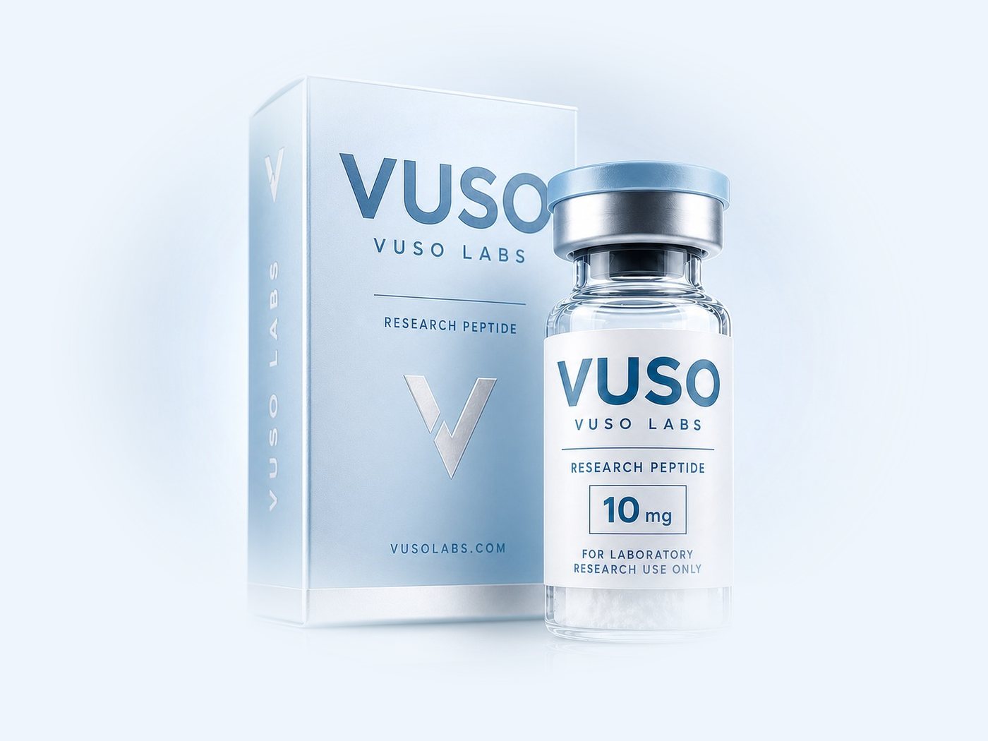 VUSO Labs 10 mg research peptide vial — clear glass with white powder, silver aluminum crimp and powder-blue cap — beside its powder-blue VUSO Labs product box