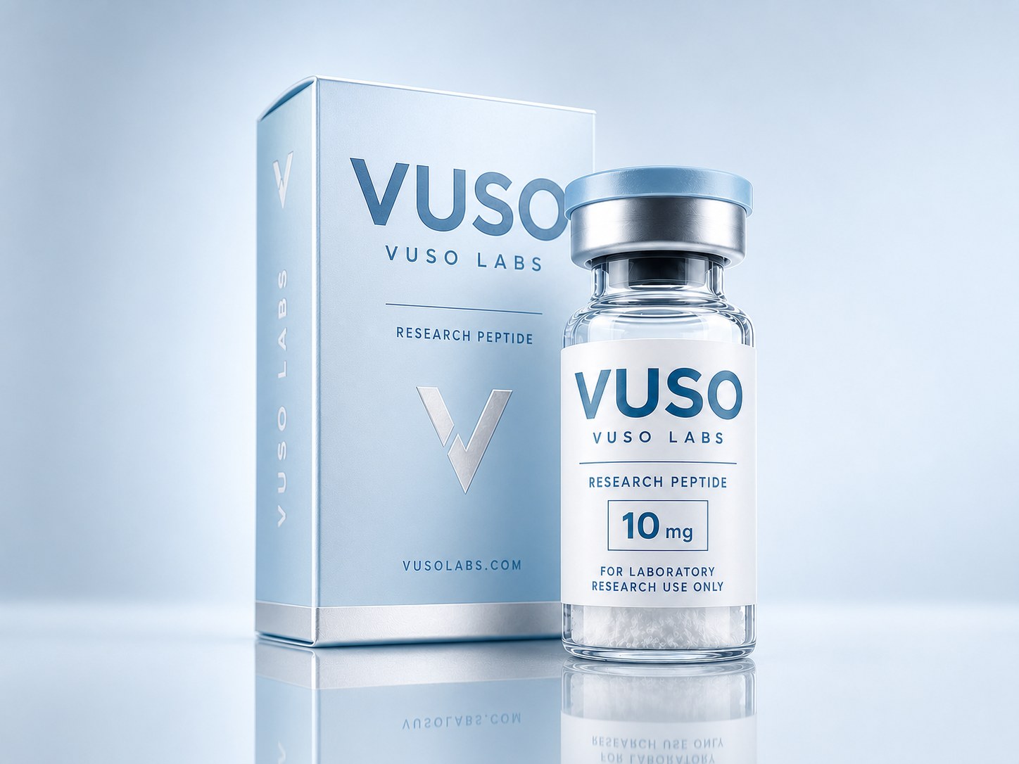 VUSO Labs 10 mg research peptide vial beside its powder-blue product box