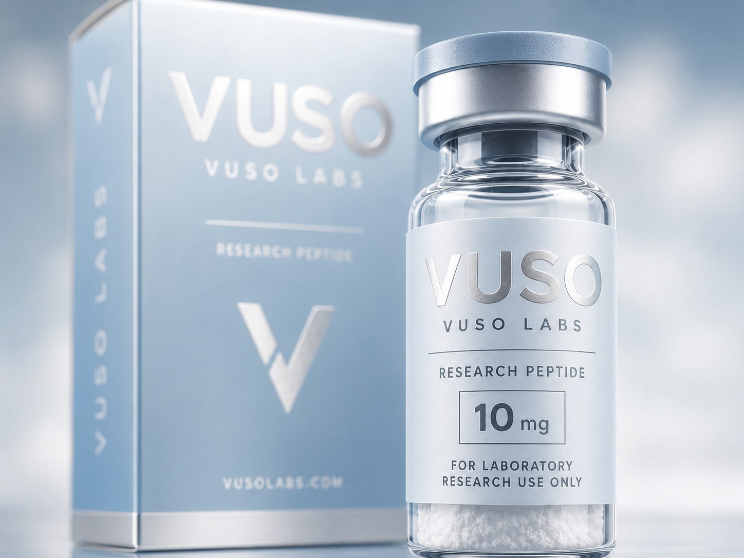 Official VUSO Labs render: the research vial beside its powder-blue product box.