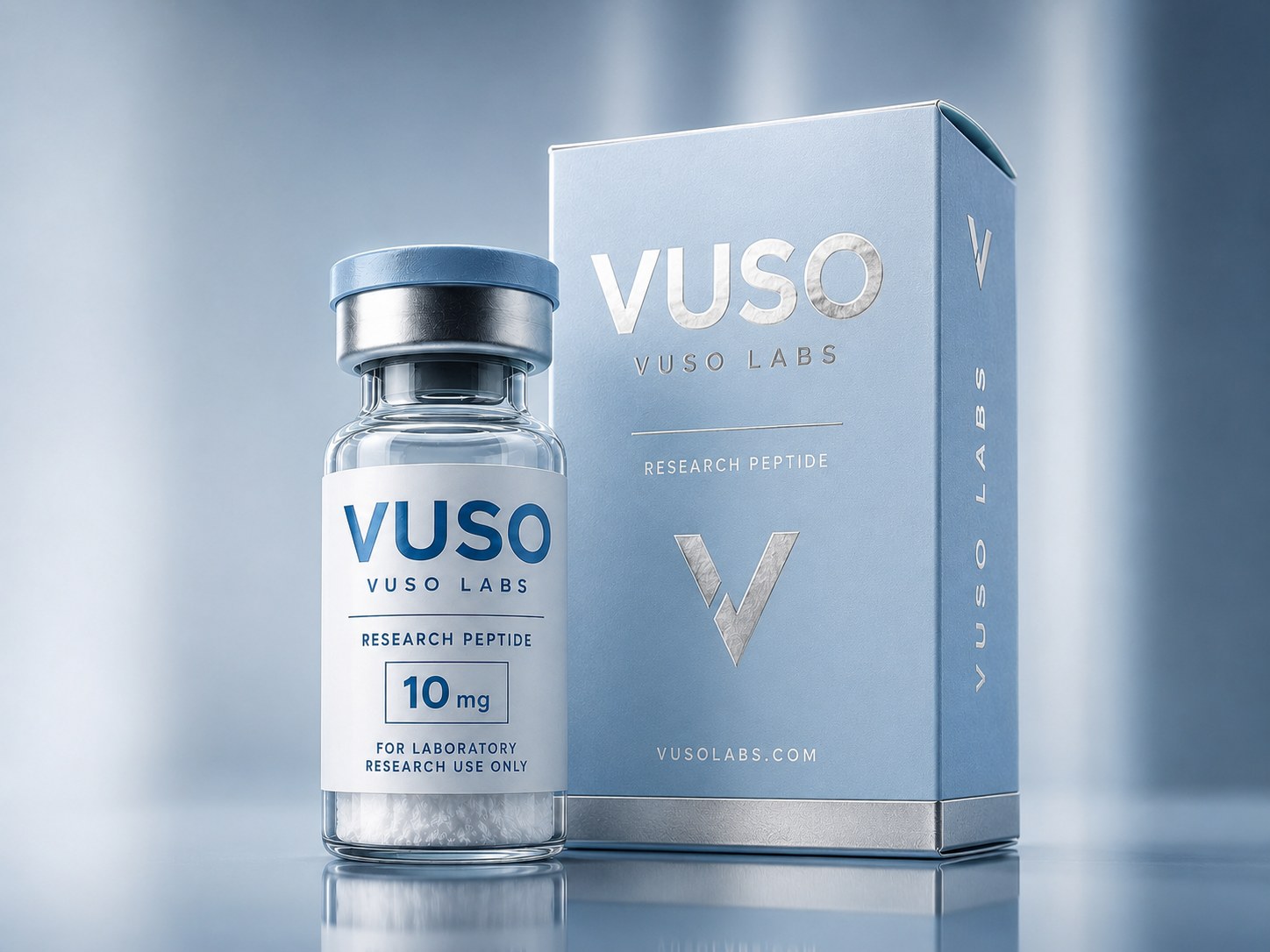 VUSO Labs 10 mg research peptide vial standing beside its powder-blue product box with silver-foil VUSO branding