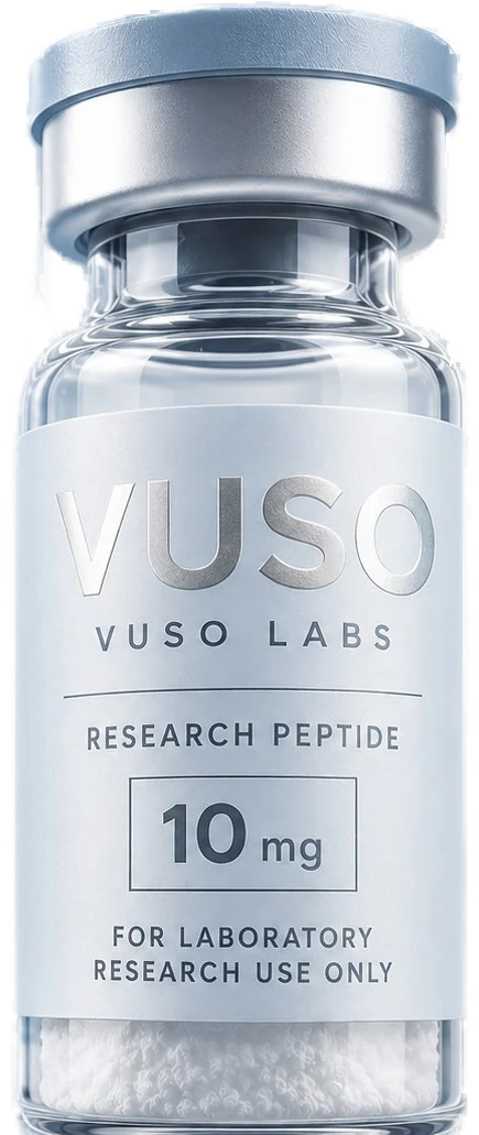 VUSO Labs 10 mg research vial: clear panel, white lyophilised powder, silver crimp, powder-blue cap.